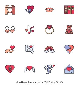 Valentines day filled outline icons set, line vector symbol collection, linear colorful pictogram pack. Signs, logo illustration, Set includes icons as love heart, chocolate, diamond ring, teddy bear,