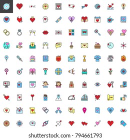 Valentine's Day filled outline icons set, line vector symbol collection, linear colorful pictogram pack. Love signs, logo illustration, Set includes icons as heart, cupid, angel, gift, calendar, arrow