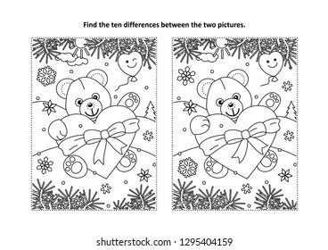 Valentine's Day Find The Ten Differences Picture Puzzle And Coloring Page With Teddy Bear And Big Heart