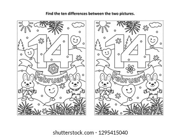 Valentine's Day find the ten differences picture puzzle and coloring page with 14 February text, cute bunnies, balloons