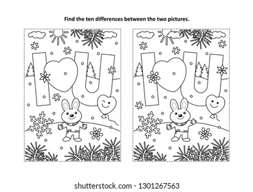 Valentine's Day find the ten differences picture puzzle and coloring page with I Love You message and cute little bunny