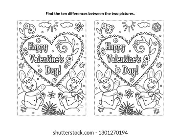 Valentine's Day find the ten differences picture puzzle and coloring page with Happy Valentine's Day greeting text and two cute little bunnies