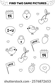 Valentines day. Find two same pictures. Black and white. Game for children. Spot two identical pictures. Isolated vector illustration eps 10