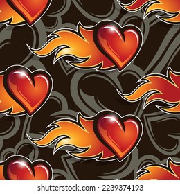 Valentine's day fire flames and heart seamless pattern vector art graphic for print, wrapping paper, postcard, textile and wallpaper design.