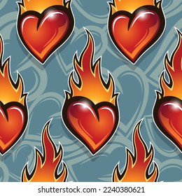 Valentine's day fire flames and heart seamless pattern vector art graphic for print, wrapping paper, postcard, textile and wallpaper design.