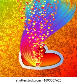 Valentine's Day. Flames and hearts. Vector illustration on a colorful background there is a flame of passion and hearts. Postcard for the holiday.