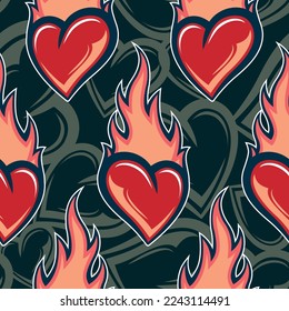 Valentine's day flaming heart seamless pattern vector art graphic for print, wrapping paper, postcard, textile and wallpaper design.
