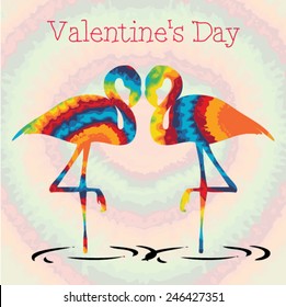 Valentines Day Flamingo Love. Hippie style Vector illustration.