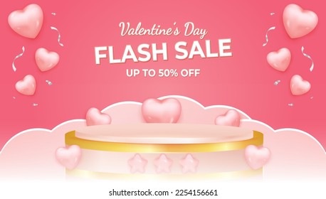 Valentines day flash sale social media banner template with heart shaped 3d balloons