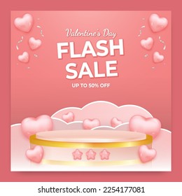 Valentines day flash sale social media template with heart shaped 3d balloons