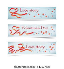 Valentine's day flat blue banners set with cute hearts and ribbons pattern isolated on white background vector illustration