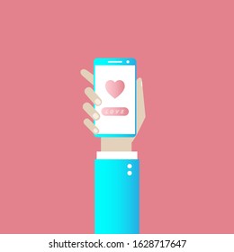 Valentine's day flat cartoon illustration concept background. Vector sending message hand holding phone with love heart.