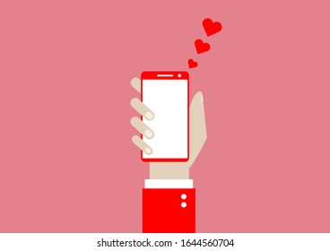 Valentine's day flat cartoon illustration concept background. Vector sending message hand holding phone with love heart.