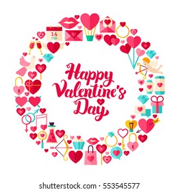 Valentines Day Flat Circle. Collection of Love Holiday Items Isolated over White.
