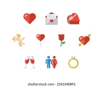 Valentine's day flat color icon set with love related icons