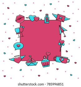 Valentine's Day flat color line icons around the rectangle card with empty space for your text. Vector template for valentine card, poster, invitation, banner or flyer in cute linear design.