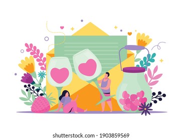 Valentines day flat composition with small characters of lovers pink hearts in glasses and colorful flowers vector illustration