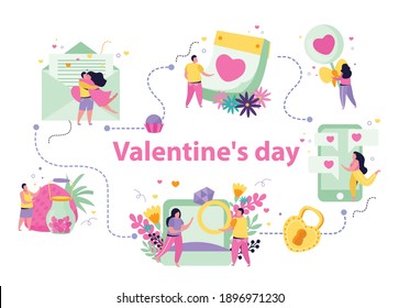 Valentines day flat composition with text and flowchart of people with messages sweets and heart signs vector illustration