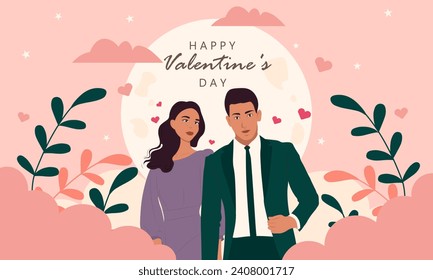 Valentine's day flat design, couple in love. Vector illustration. Postcard concept