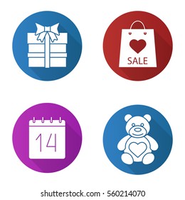 Valentines Day flat design long shadow icons set. Teddy bear, February 14, gift box, Valentines Day sale. Vector silhouette illustration