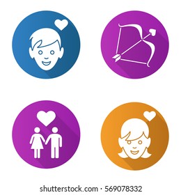 Valentine's Day flat design long shadow icons set. Enamoured boy and girl, man and woman holding hands, Cupid's bow and arrow. Vector silhouette illustration