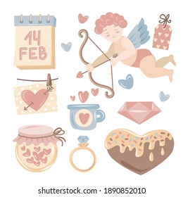 Valentine's day flat element collection, pastel colors on whine background