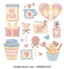 Valentine's day flat element collection, pastel colors on whine background