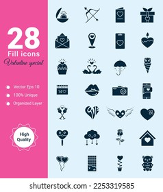 Valentine's Day flat fill icons set pack. Present, Balloons, Gift, Cupcake, Love Letter, Balloons, heart, Diamond ring, Birds, valentine icons. Love symbols. Vector illustration. Editable stroke