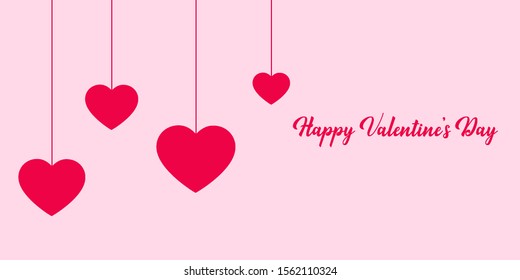  Valentine's Day Flat Greeting Card, Banner, Poster, Flyer With Hanging Pink Hearts. Vector Illustration On A Light Isolated Background.