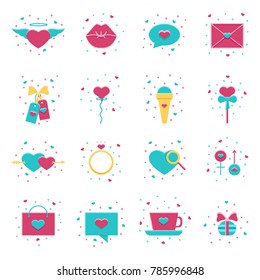Valentine's Day flat icon collection: heart, love ring, sale tag, letter, sweets. Set of vector signs for wedding, engagement, marriage events, social and dating apps, 14 february parties.