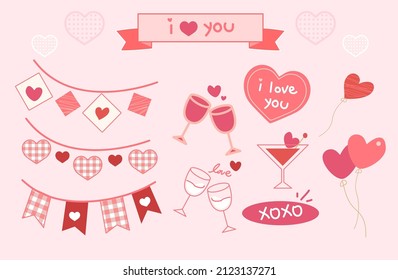 Valentine's Day Flat Icon Decorative collection, celebration banners, wine glasses, love hearts, and love words
