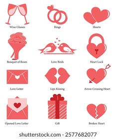 Valentine's Day Flat Icon Set with Wineglasses, Rings, Hearts, Bouquet, Love Birds, Kissing, Love Letters and Gift Symbols Illustration 