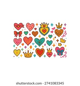 Valentine's day flat icon set. featuring hearts, bows, crowns, gems, flowers, and stars symbols
