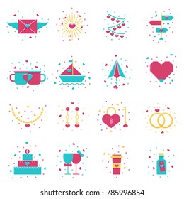 Valentine's Day flat icon set: mail, road sign, cake, couple rings and mugs, jewelry. Set of vector signs for wedding, marriage, romantic events, social and dating mobile and web apps.