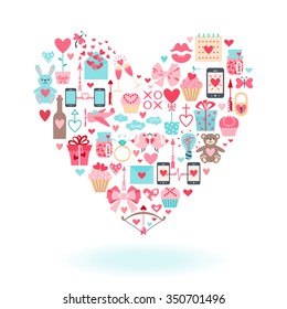 Valentine's Day flat icons arrange in the form of heart. Vector illustration. 