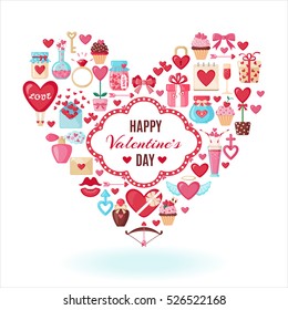 Valentines Day flat icons arrange in the form of heart. Love concept. Design element for Wedding or Valentines day. Vector illustration.
