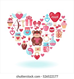 Valentines Day flat icons arrange in the form of heart. Love concept. Design element for Wedding or Valentines day. Vector illustration.