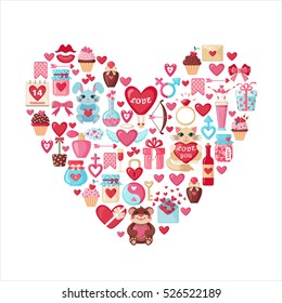 Valentines Day Flat Icons Arrange In The Form Of Heart. Love Concept. Design Element For Wedding Or Valentines Day. Vector Illustration.