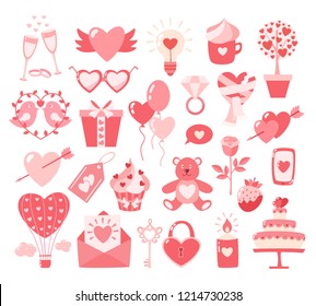 Valentines Day flat icons isolated on white background. Love concept. Design element for engagement,betrothal,wedding or Valentines day. Vector illustration.