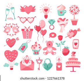 Valentines Day flat icons isolated on white background. Love concept. Design element for engagement,betrothal,wedding or Valentines day. Vector illustration.