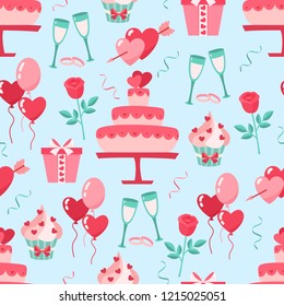 Valentines Day flat icons seamless background. Love concept. Design element for engagement,betrothal,wedding or Valentines day. Vector illustration.