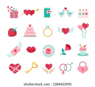 Valentine's Day flat icons set. Present, Balloons, Gift, Cupcake, Love Letter, Balloons, Wingerd heart, Diamond ring, Birds, Wedding Cake. Colored Love symbols. Vector illustration.