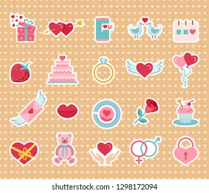 Valentine's Day flat icons set. Present, Balloons, Gift, Cupcake, Love Letter, Balloons, Wingerd heart, Diamond ring, Birds, Wedding Cake. Colored Love stickers. Vector illustration