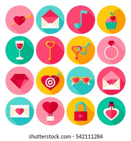 Valentines Day Flat Icons. Vector Illustration. Love Holiday. Collection of Circle Items with Long Shadow.