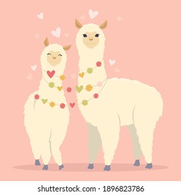 Valentine's day flat illustration. Be my llamantine card for with cute llama alpaca and hearts. Greeting card or invitation in trendy style.Vector illustration