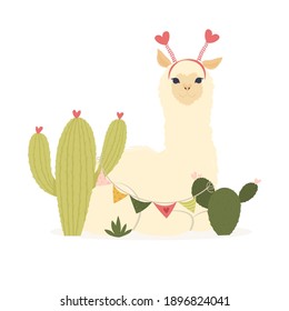 Valentine's day flat illustration. Be my llamantine card for with cute llama alpaca and hearts. Greeting card or invitation in trendy style.Vector illustration