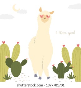 Valentine's day flat illustration. Be my llamantine card for with cute llama alpaca and hearts. Greeting card or invitation in trendy style.Vector illustration