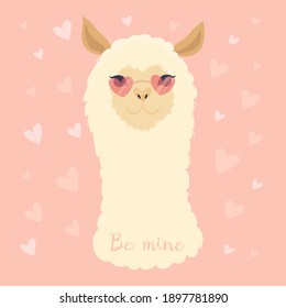Valentine's day flat illustration. Be my llamantine card for with cute llama alpaca and hearts. Greeting card or invitation in trendy style.Vector illustration