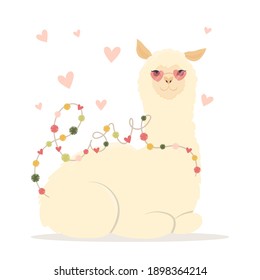 Valentine's day flat illustration. Be my llamantine card for with cute llama alpaca and hearts. Greeting card or invitation in trendy style.Vector illustration