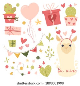 Valentine's day flat illustration. Collection design elements with llama, cactus, lovely flowers, hearts. gifts, balloon, ribbons. Greeting card or invitation in trendy style. Vector illustration